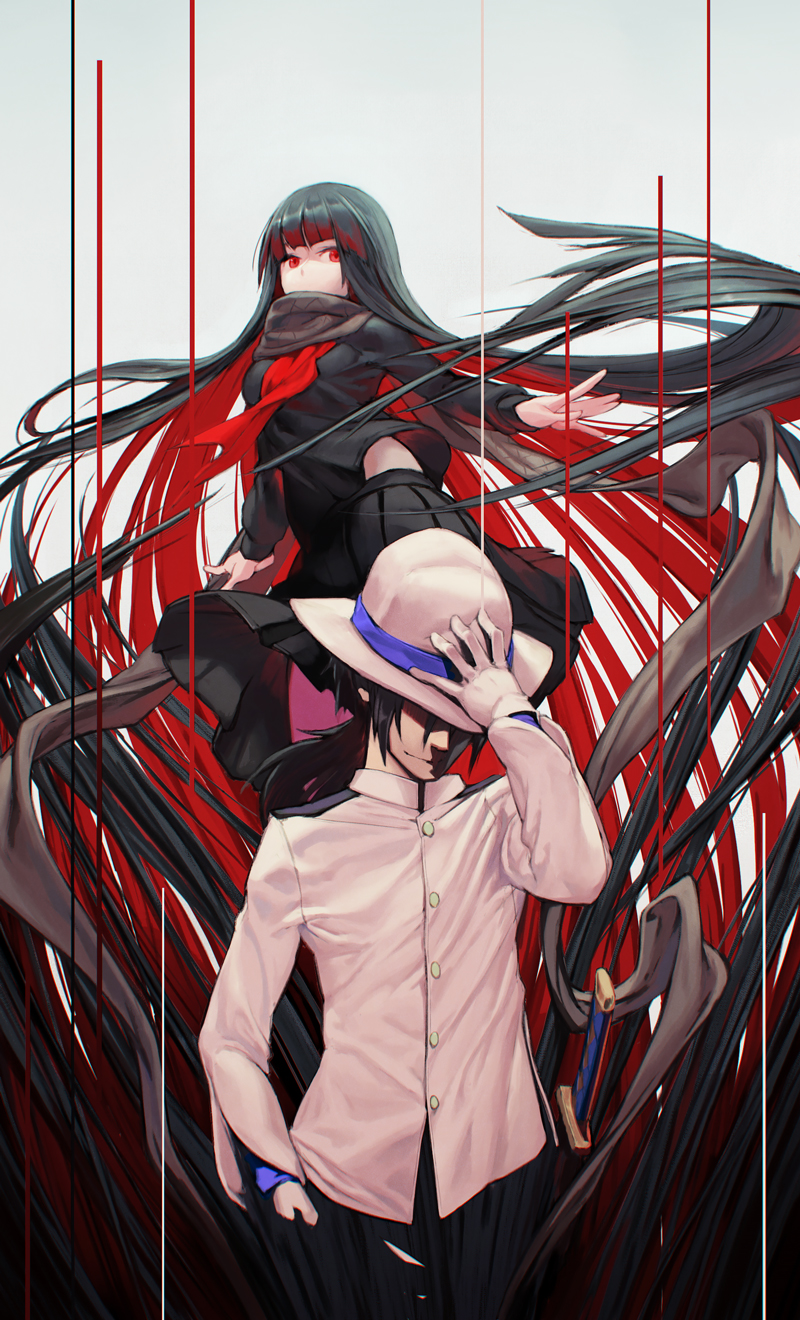 1girl absurdly_long_hair arm_up bangs black_hair black_scarf black_shirt black_skirt buttons closed_mouth commentary eyebrows_visible_through_hair fate_(series) flying gloves gradient_hair grey_background hand_in_pocket hand_on_headwear hat highres jacket katana koha-ace long_hair long_sleeves looking_at_viewer low_ponytail multicolored_hair neckerchief oryou_(fate) pale_skin pleated_skirt ponytail red_eyes red_hair red_legwear red_neckwear rotix sakamoto_ryouma_(fate) scabbard scarf shaded_face sheath sheathed shirt simple_background skirt smile standing sword two-tone_hair very_long_hair weapon white_gloves white_hat white_jacket