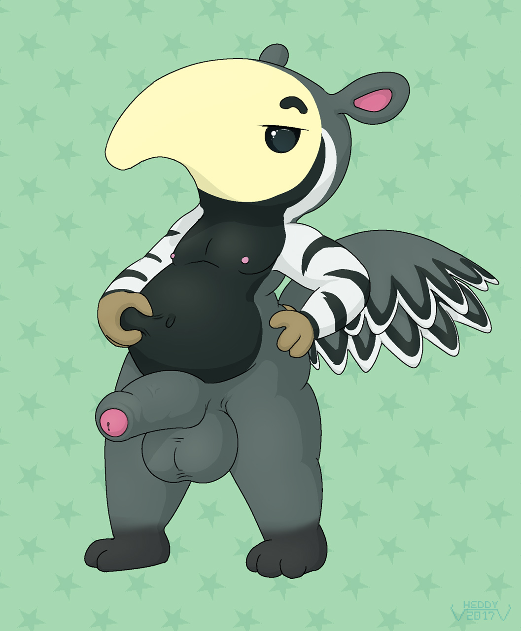 2017 3_toes 4_fingers animal_crossing anteater anthro antonio_(animal_crossing) balls beady_eyes bedroom_eyes belly belly_squish big_belly big_thighs biped black_body black_countershading black_eyes black_stripes brown_body countershade_face countershade_torso countershading digital_drawing_(artwork) digital_media_(artwork) front_view full-length_portrait giant_anteater glans gloves_(marking) green_background grey_balls grey_body grey_penis half-closed_eyes half-erect hand_on_hip heddy hi_res holding_belly long_foreskin looking_at_viewer male mammal markings multicolored_body muzzle_(marking) navel nintendo nipples nude overweight overweight_male pattern_background pecs penis pink_nipples portrait pot_belly reverse_countershading seductive simple_background socks_(marking) solo standing striped_body stripes tan_body tan_countershading toes uncut video_games white_body white_stripes