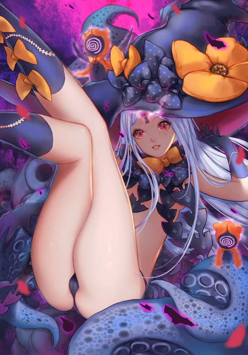 abigail_williams_(fate/grand_order) ass black_bow black_gloves black_hat black_legwear black_panties bow bow_legwear breasts chococuco fate/grand_order fate_(series) gloves hat keyhole legs legs_together legs_up long_hair looking_at_viewer orange_bow panties parted_lips red_eyes small_breasts solo spiral star star_print steam stuffed_animal stuffed_toy teddy_bear tentacles thighs underwear very_long_hair white_hair witch_hat