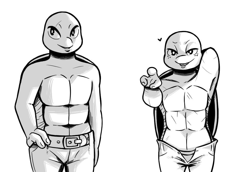 &lt;3 2018 anthro belt clothed clothing duo facial_scar freckles greyscale half-closed_eyes hand_behind_head hand_on_hip inkyfrog leonardo_(tmnt) looking_at_viewer male michelangelo_(tmnt) monochrome open_pants pointing_at_viewer reptile scalie scar shell simple_background smile standing teenage_mutant_ninja_turtles tongue tongue_out topless turtle underwear white_background