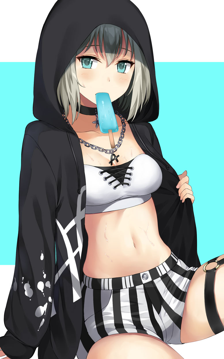 aoba_moka asato_(fadeless) bang_dream! bangs black_choker black_jacket blue_eyes bra chain_necklace choker commentary_request food food_in_mouth grey_hair highres hood hood_up hooded_jacket jacket jewelry long_sleeves looking_at_viewer mouth_hold o-ring paint_stains pendant popsicle shorts sitting solo splatter_print striped striped_shorts thigh_strap underwear vertical-striped_shorts vertical_stripes white_bra