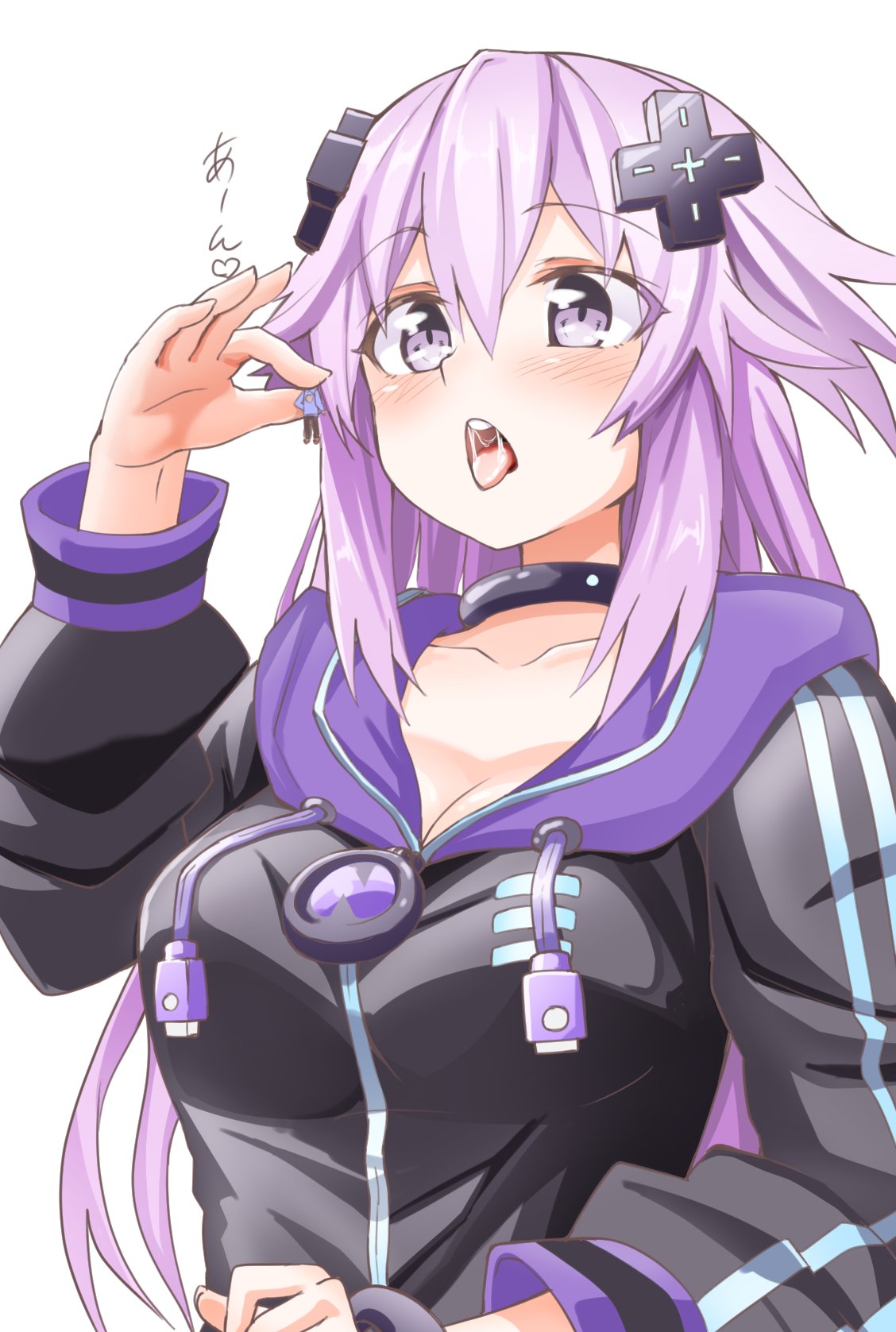 adult_neptune black_collar blush breasts cleavage collar commentary_request d-pad d-pad_hair_ornament giantess hair_between_eyes hair_ornament heart highres holding_person hood hooded_track_jacket jacket long_hair medium_breasts neptune_(series) niwaka_potato open_mouth purple_eyes purple_hair saliva shin_jigen_game_neptune_vii sidelocks simple_background size_difference spoken_heart tongue tongue_out track_jacket translation_request vore white_background you_gonna_get_eaten