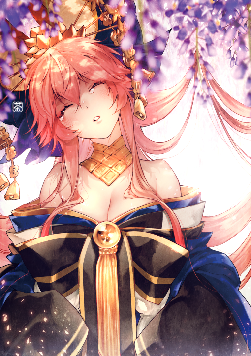 animal_ears bell breasts cleavage closed_eyes collarbone facing_viewer fate/grand_order fate_(series) fox_ears fox_tail hair_ribbon japanese_clothes large_breasts off_shoulder pink_hair ribbon solo tail tamamo_(fate)_(all) tamamo_no_mae_(fate) tears yunomitootya