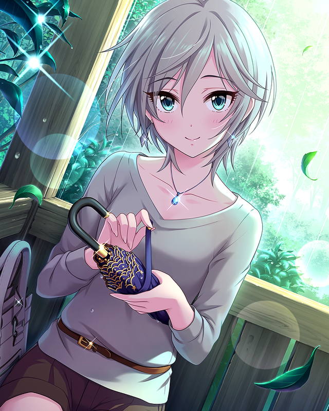 anastasia_(idolmaster) artist_request bag bangs belt blue_eyes blush closed_umbrella collarbone day earrings eyelashes hair_between_eyes holding holding_umbrella idolmaster idolmaster_cinderella_girls jewelry leaf long_sleeves looking_at_viewer necklace official_art outdoors rain short_hair shorts silver_hair sitting smile solo sunlight umbrella