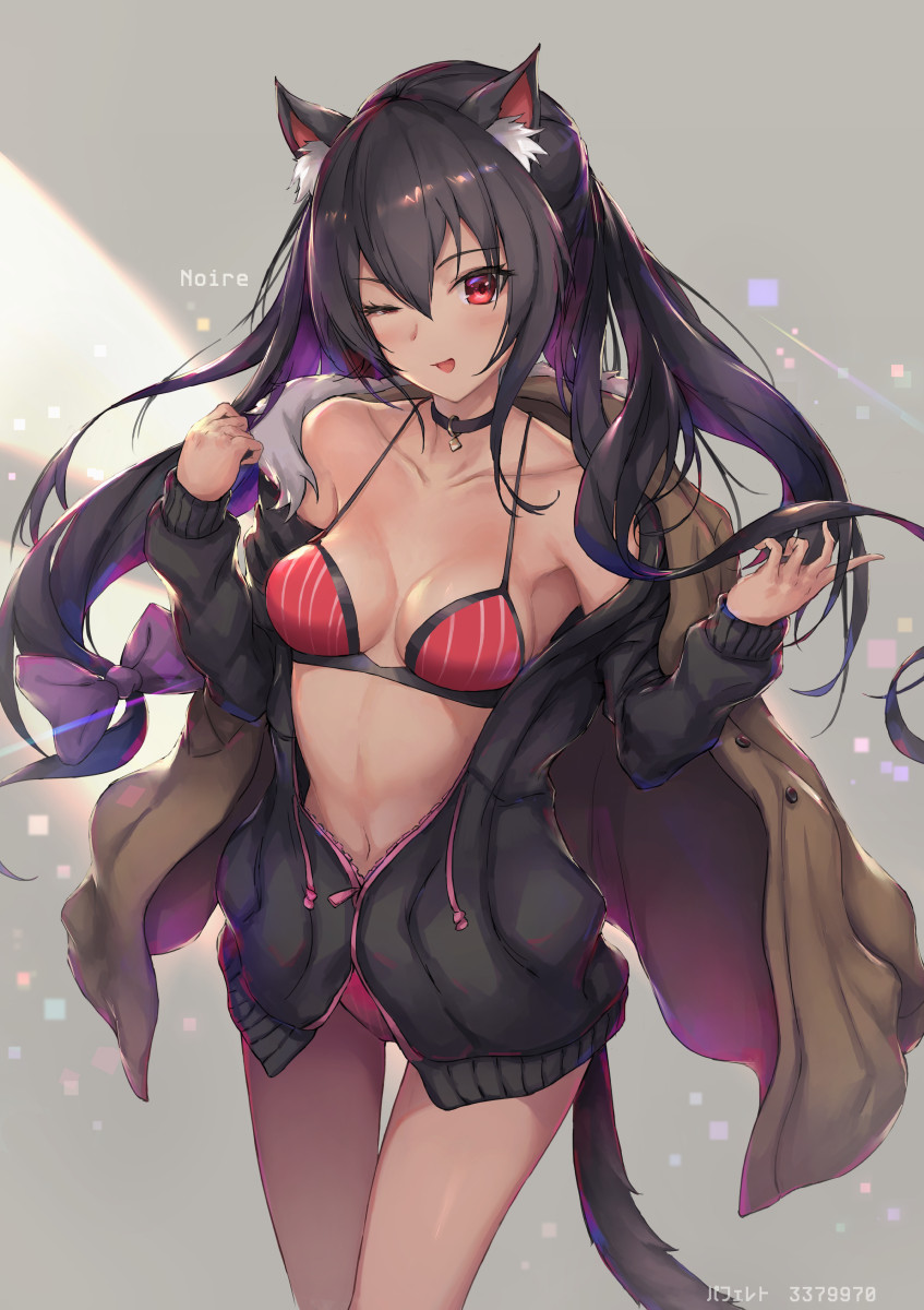 ;d alternate_costume animal_ears black_hair black_sweater blush bra breasts brown_jacket cat_ears cat_girl cat_tail character_name cleavage collarbone commentary_request cowboy_shot hair_between_eyes hair_ribbon highres jacket jacket_on_shoulders long_hair looking_at_viewer medium_breasts navel neptune_(series) no_pants noire off_shoulder one_eye_closed open_mouth panties parfaitlate partially_unzipped red_eyes ribbon smile solo striped sweater tail thigh_gap twintails underwear vertical-striped_bra vertical-striped_panties vertical_stripes