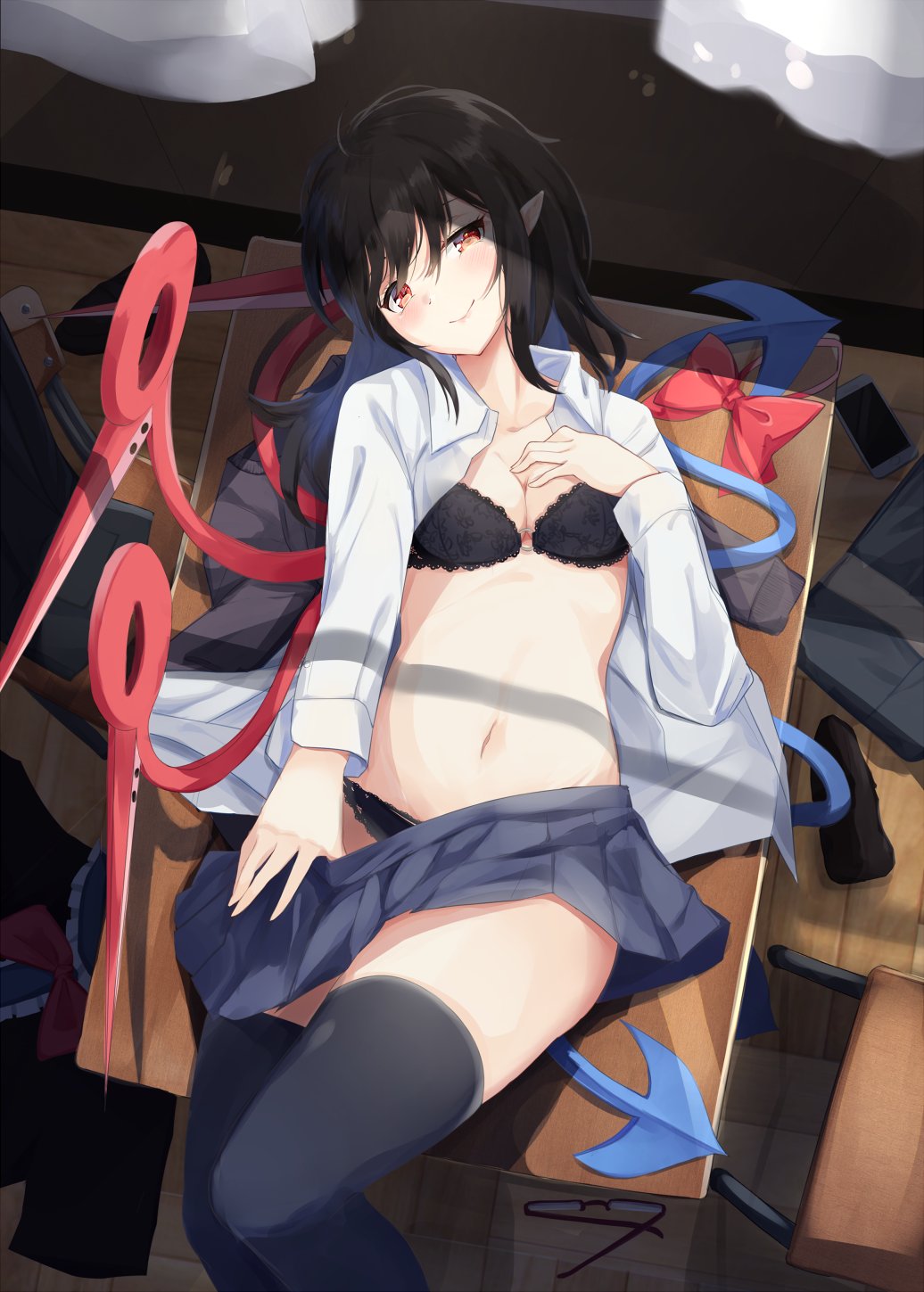 asymmetrical_wings black_bra black_hair black_legwear black_panties blue_skirt blue_wings blush bow bowtie bowtie_removed bra breasts cellphone chair cleavage collarbone commentary cowboy_shot from_above glasses hand_on_own_chest head_tilt highres houjuu_nue igakusei indoors lace lace-trimmed_bra lace-trimmed_panties long_hair long_sleeves looking_at_viewer lying miniskirt navel on_back open_clothes open_shirt panties phone pleated_skirt pointy_ears red_bow red_eyes red_wings shirt skirt smartphone smile solo stomach table thighhighs thighs touhou underwear white_shirt wings wooden_floor