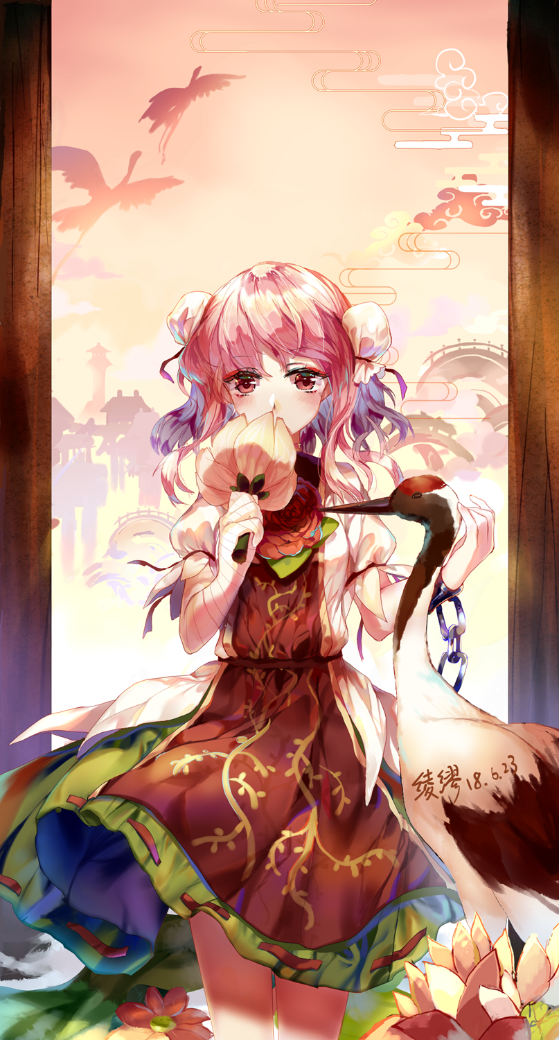 architecture arm_up artist_name bandaged_arm bandages bangs bird bridge chain covering_mouth crane_(animal) cropped_legs cuffs dated double_bun east_asian_architecture egasumi eyebrows_visible_through_hair flower frame gradient_hair green_skirt hair_between_eyes highres ibaraki_kasen ling_mou looking_at_viewer lotus multicolored_hair outdoors pink_eyes pink_hair puffy_short_sleeves puffy_sleeves red_flower red_rose ribbon-trimmed_skirt ribbon_trim rose shackles shirt short_hair short_sleeves skirt solo swept_bangs touhou tower white_shirt