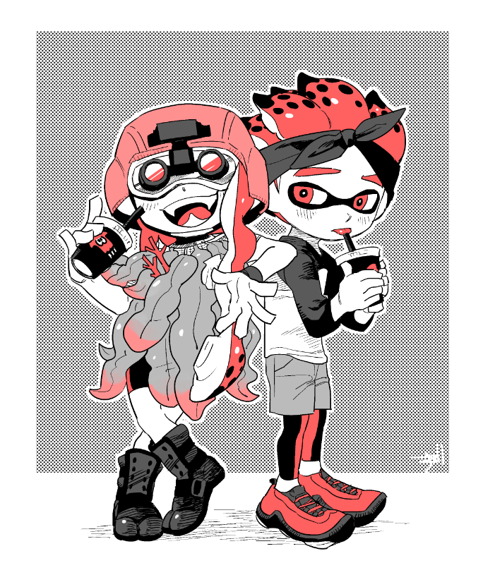 1girl arm_rest bike_shorts boots coral crossed_legs cup disposable_cup fangs full_body hakinikui_kutsu_no_mise halftone helmet inkling kelp leggings legwear_under_shorts limited_palette long_hair night_vision_device open_mouth shoes shorts smile sneakers spiked_hair splatoon_(series) splatoon_2 tentacle_hair tongue tongue_out