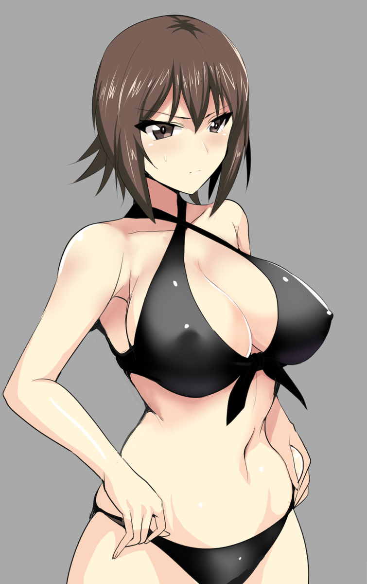 adjusting_clothes adjusting_swimsuit bangs belly_grab blush breasts brown_eyes brown_hair cleavage closed_mouth commentary covered_nipples criss-cross_halter front-tie_bikini front-tie_top girls_und_panzer grey_background halterneck highres koujun_(mugenzero) large_breasts light_frown looking_to_the_side navel nishizumi_maho short_hair simple_background solo standing swimsuit upper_body