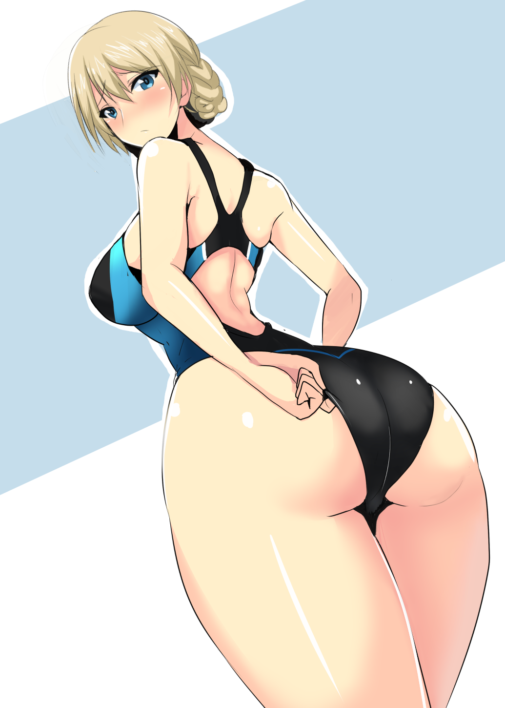 adjusting_clothes adjusting_swimsuit arm_behind_back ass bangs black_swimsuit blonde_hair blue_eyes blush braid breasts closed_mouth commentary competition_swimsuit cowboy_shot darjeeling eyebrows_visible_through_hair foreshortening from_behind frown girls_und_panzer highres koujun_(mugenzero) looking_at_viewer looking_back one-piece_swimsuit short_hair simple_background solo standing swimsuit thighs tied_hair white_background