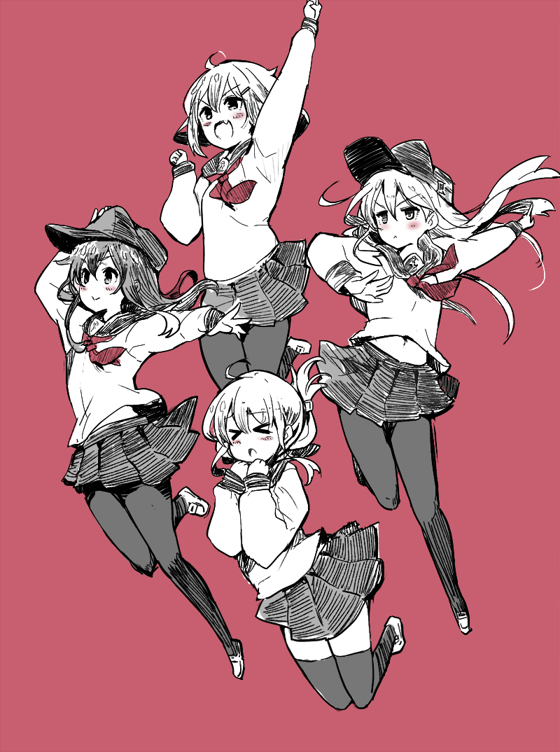 &gt;_&lt; :&lt; akatsuki_(kantai_collection) arm_up clenched_hand closed_eyes commentary fang flat_cap folded_ponytail hand_on_headwear hat hibiki_(kantai_collection) ikazuchi_(kantai_collection) inazuma_(kantai_collection) jumping kantai_collection long_hair midriff multiple_girls navel outstretched_arm pantyhose pleated_skirt pose red_background school_uniform serafuku shirt_lift short_hair skirt sumisu_(mondo) thighhighs v-shaped_eyebrows