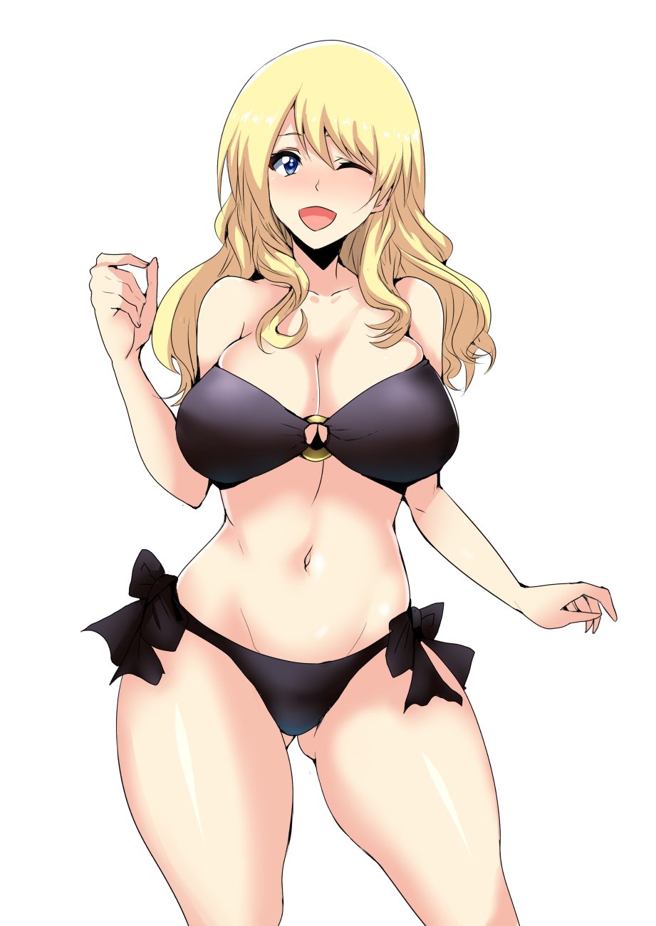 ;d alternate_hairstyle ass_visible_through_thighs bangs bikini black_bikini blonde_hair blue_eyes breasts cleavage collarbone commentary_request cowboy_shot darjeeling girls_und_panzer groin hair_down highres koujun_(mugenzero) large_breasts long_hair looking_at_viewer navel o-ring o-ring_top one_eye_closed open_mouth side-tie_bikini simple_background smile solo standing strapless strapless_bikini swimsuit thick_thighs thighs white_background