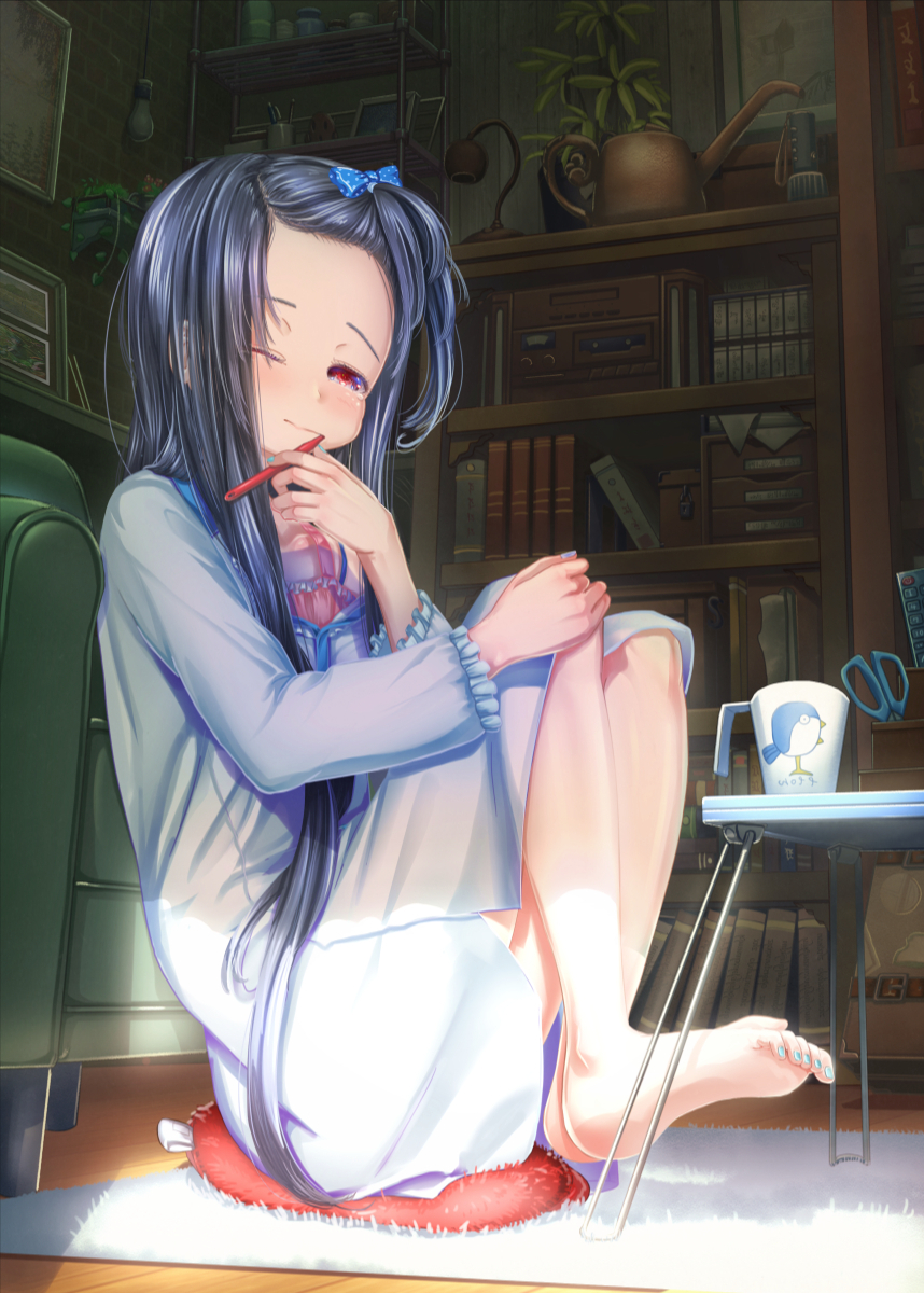 abo_(kawatasyunnnosukesabu) armchair bangs_pinned_back barefoot black_hair blue_bow blue_nails book bookshelf bow bra brushing_teeth chair commentary_request controller cup cushion desk_lamp frilled_sleeves frills half-closed_eye highres indoors jar knees_up lamp long_sleeves looking_at_viewer md5_mismatch mug nail_polish nightgown off_shoulder one_eye_closed original picture_frame pink_bra plant polka_dot polka_dot_bow potted_plant radio remote_control rock scissors sitting sleepy solo table toenail_polish topknot underwear watering_can watery_eyes