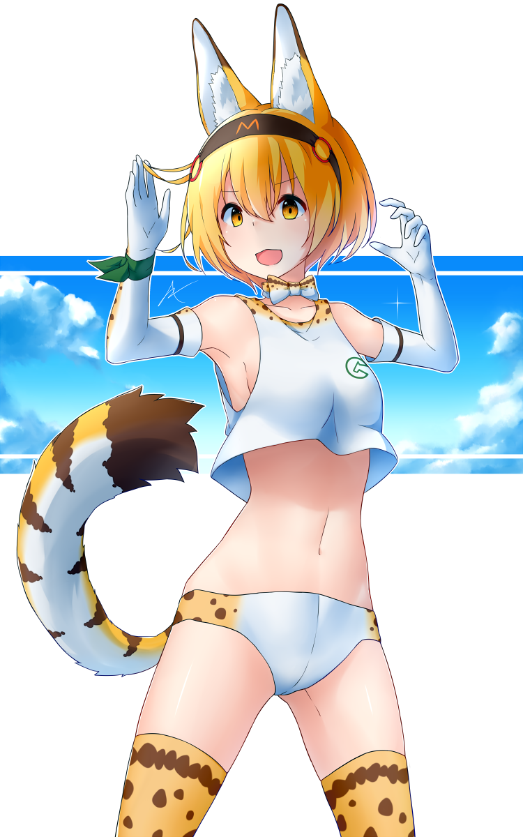 adapted_costume animal_ears bare_shoulders blonde_hair bow bowtie buruma commentary_request cowboy_shot crop_top crop_top_overhang elbow_gloves eyebrows_visible_through_hair gloves headgear highres japan_racing_association kemono_friends midriff multicolored_hair navel serval_(kemono_friends) serval_ears serval_print serval_tail shiny shiny_skin short_hair sleeveless solo sportswear tail thighhighs vicgt005