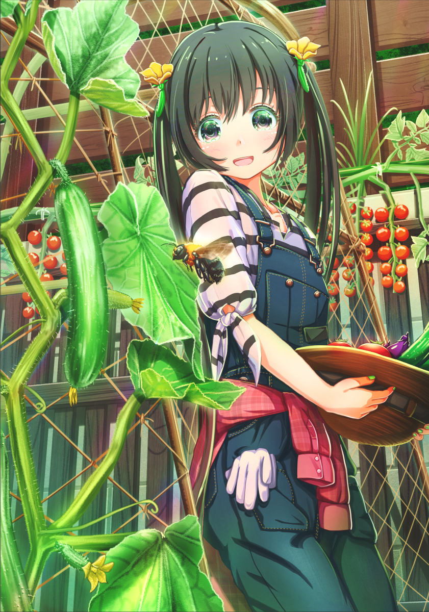 :d abo_(kawatasyunnnosukesabu) bangs bee black_eyes black_hair bug cherry_tomato clothes_around_waist commentary_request cucumber day eggplant flower gloves gloves_removed green_nails hair_flower hair_ornament hat hat_basket hat_removed headwear_removed highres holding holding_hat insect long_hair looking_at_viewer nail_polish nature open_mouth original outdoors overalls plaid plaid_shirt plant red_shirt shirt shirt_around_waist short_sleeves smile solo striped striped_shirt tied_sleeves tomato tomato_plant vines white_gloves