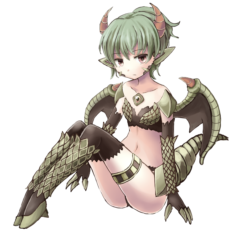 aoiyamagi4 black_gloves black_legwear brown_eyes claws collarbone elbow_gloves feet_together flat_chest gloves green_hair knees_up looking_at_viewer monster_girl original pointy_ears short_hair simple_background sitting solo tail thigh_strap white_background wings