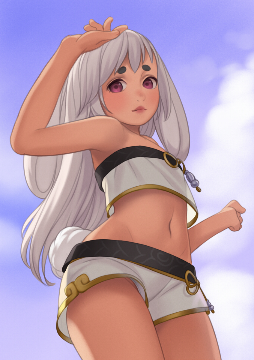 animal_ears backlighting bandeau bare_shoulders belt blade_&amp;_soul blue_sky bunny_ears bunny_girl bunny_tail cloud cloudy_sky cowboy_shot cristalavi day dutch_angle from_below gold_trim highres lips looking_at_viewer midriff navel no_bra no_panties original outdoors purple_eyes shading_eyes short_eyebrows shorts sky solo strapless tail white_hair