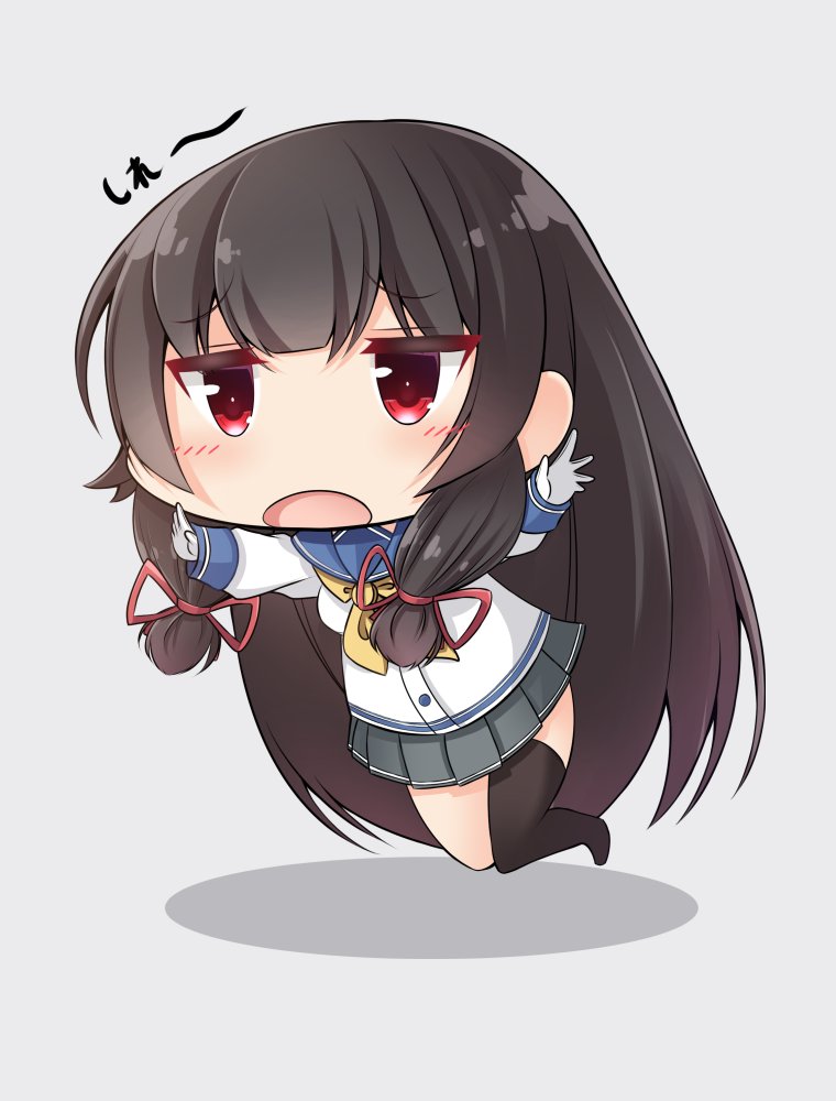 asymmetrical_legwear black_hair chibi commentary_request doyachii eyebrows_visible_through_hair falling gloves grey_background grey_skirt hair_ribbon isokaze_(kantai_collection) kantai_collection kneehighs long_hair long_sleeves neckerchief no_nose open_mouth outstretched_arms pleated_skirt red_eyes red_ribbon ribbon school_uniform serafuku simple_background single_kneehigh single_thighhigh skirt solo thighhighs tress_ribbon tripping very_long_hair white_gloves yellow_neckwear