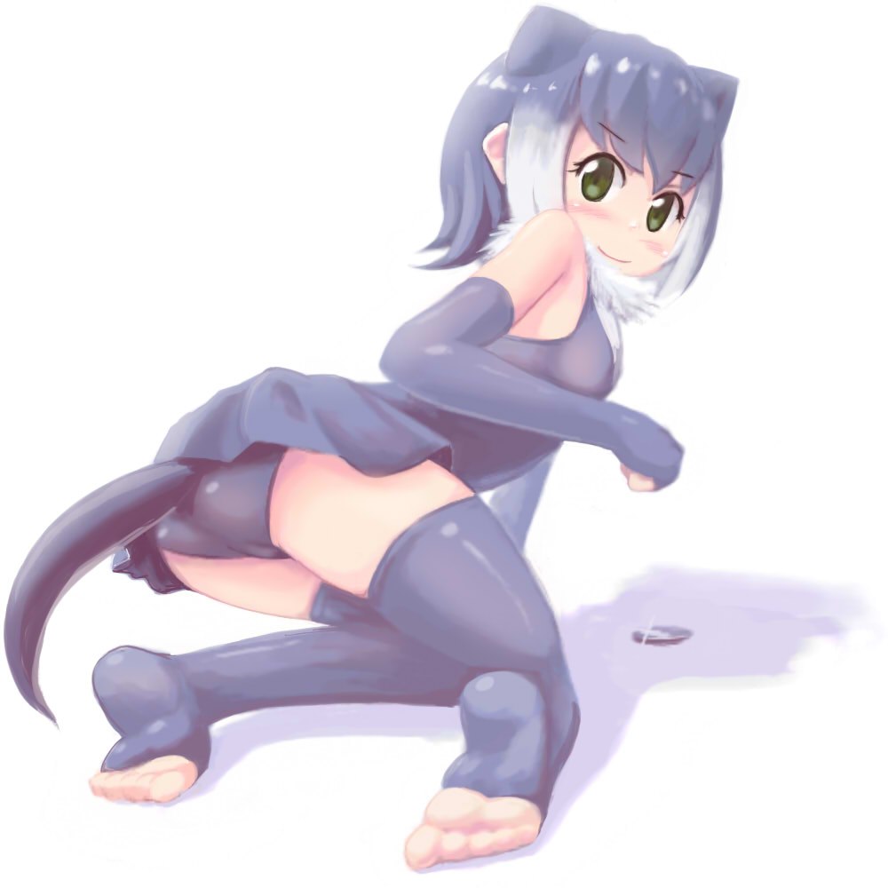 animal_ears arm_support ass bangs blush closed_mouth commentary_request elbow_gloves eyebrows_visible_through_hair fingerless_gloves from_side fur_collar gloves gradient_hair green_eyes grey_gloves grey_hair grey_swimsuit kemono_friends kneeling looking_at_viewer looking_back multicolored_hair one-piece_swimsuit otter_ears otter_tail shadow short_hair small-clawed_otter_(kemono_friends) smile solo swimsuit swimsuit_skirt tail thighhighs toeless_legwear tsubasa_(abchipika) white_background