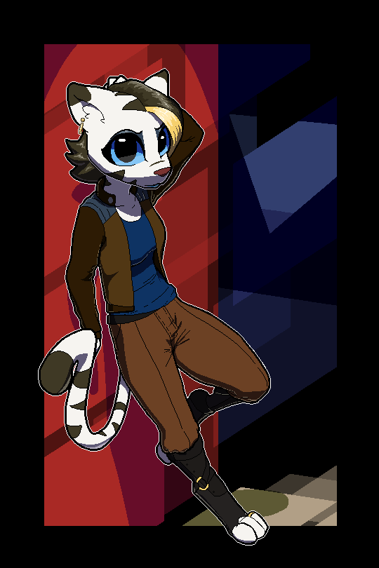 anthro black_hair blue_eyes boots clothing feline female footwear hair hand_behind_head highlights jacket jewelry mammal pants pashoo paws ring saladin_fahlia shirt solo stripes tiger toe_ring toeless_boots toes white_tiger