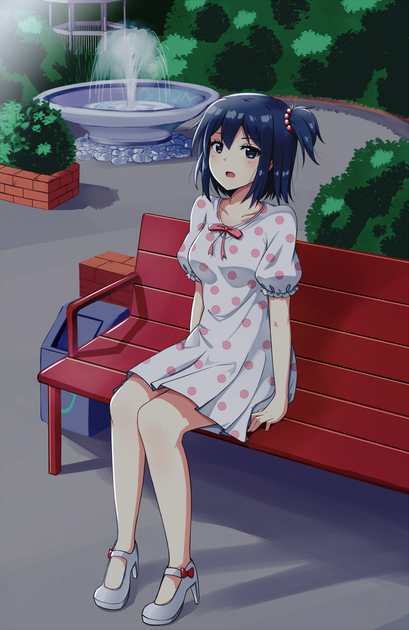 agano_(yoshii_aki) bench blue_eyes blue_hair blush borrowed_character bow bush commentary commission dark_blue_hair dress english_commentary fountain full_body gazebo high_heels highres looking_at_viewer one_side_up open_mouth original park_bench pink_bow polka_dot polka_dot_dress puffy_short_sleeves puffy_sleeves red_bow shoe_bow shoes short_hair short_sleeves sitting solo white_dress white_footwear