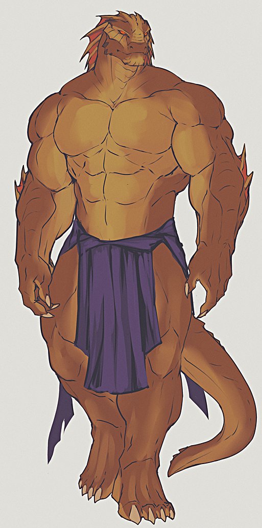 abs anthro argonian barefoot biceps big_muscles brown_scales brown_skin claws clothed clothing fin grey_background huge_muscles loincloth mal_ek male muscular muscular_male orange_eyes pecs reptile scales scalie simple_background solo standing the_elder_scrolls toe_claws topless triceps video_games walking