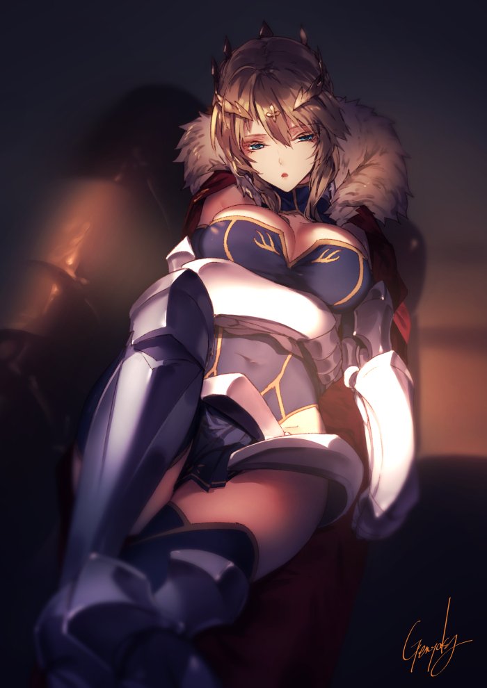 arm_under_breasts armor armored_boots artoria_pendragon_(all) artoria_pendragon_(lancer) blonde_hair blue_dress blue_legwear boots breasts cape cleavage commentary crown dress fate/grand_order fate_(series) faulds fur-trimmed_cape fur_trim gauntlets green_eyes hair_between_eyes kyouya_(mukuro238) large_breasts leg_armor open_mouth red_cape signature sitting thighs