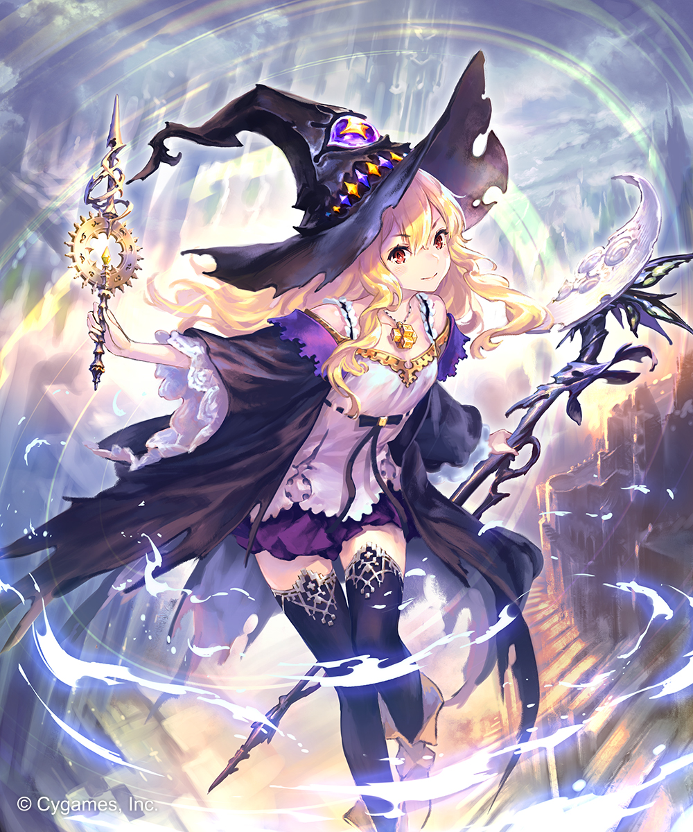 black_hat black_legwear blonde_hair bow_(weapon) dorothy_(shingeki_no_bahamut) eyebrows_visible_through_hair floating_hair hair_between_eyes hat highres hisakata_souji holding holding_bow_(weapon) holding_weapon jewelry long_hair looking_at_viewer miniskirt necklace pleated_skirt purple_skirt red_eyes shingeki_no_bahamut shirt skirt smile solo thighhighs very_long_hair weapon white_shirt witch_hat zettai_ryouiki