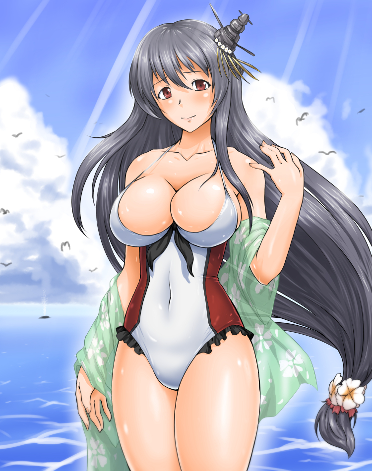 beach bird black_hair blue_sky breasts casual_one-piece_swimsuit cleavage cloud cocoa_(cocoa0191) collarbone day fusou_(kantai_collection) kantai_collection large_breasts long_hair looking_at_viewer ocean one-piece_swimsuit outdoors red_eyes sarong seagull sky smile swimsuit water