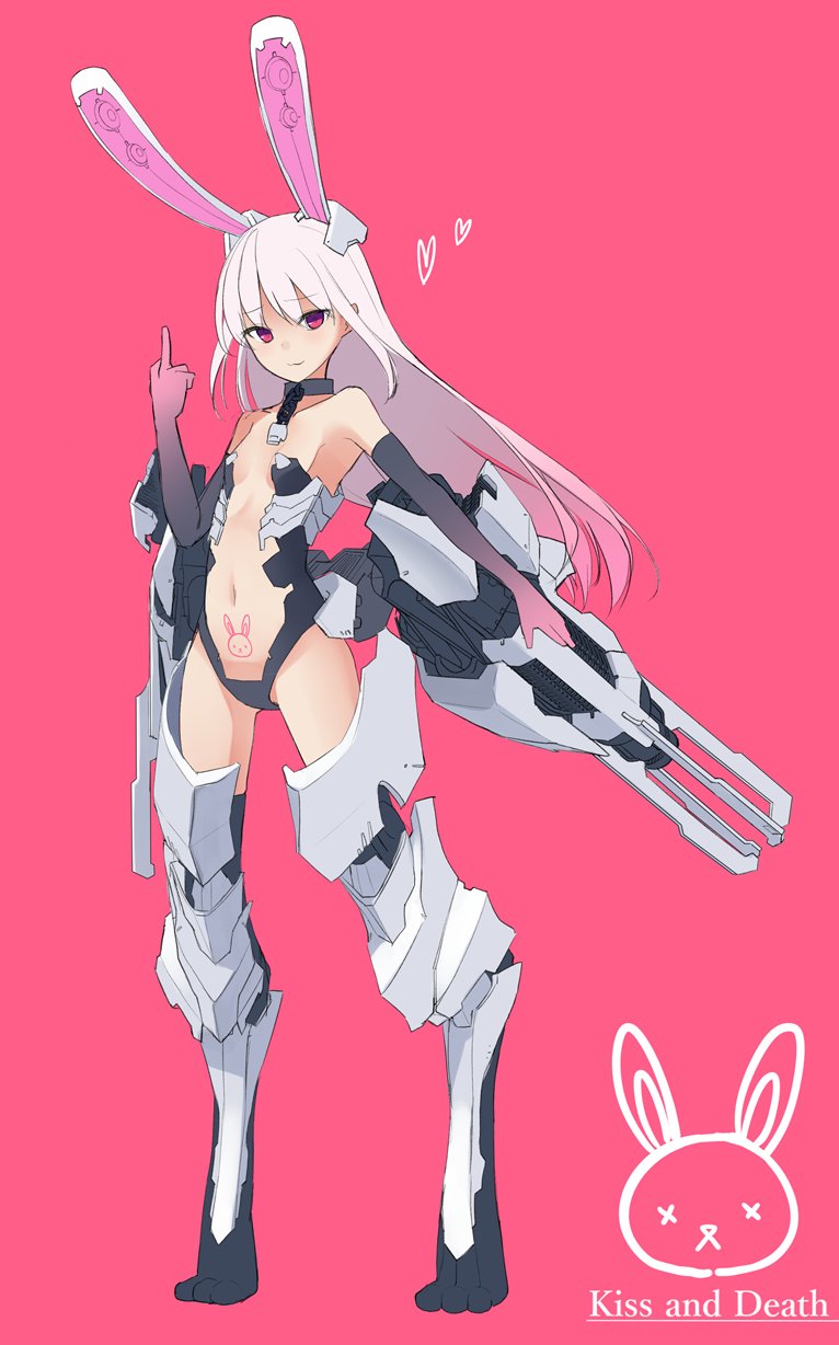 :3 animal_ears armor armpits bangs breasts bunny_ears chain collar elbow_gloves eyebrows_visible_through_hair floating_hair full_body gloves gradient gradient_gloves heart highres long_hair looking_at_viewer makadamixa mecha_musume mechanical_legs mechanical_parts middle_finger original pink_background pink_eyes pubic_tattoo small_breasts tattoo very_long_hair visible_ears weapon whistle white_hair x_x