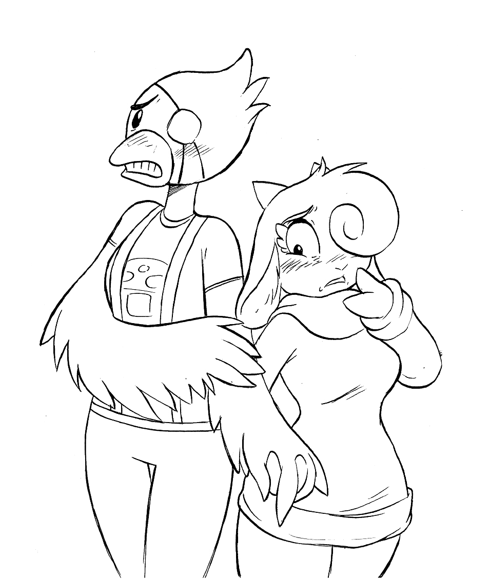 anthro avian beak bird blush breasts caprine cardinal_(bird) chochi clara_hopper critter_coven duo eye_patch eyewear female female/female goat hand_holding hooves horn mammal monochrome nervous romantic_couple rosie_(critter_coven) wing_hands wings