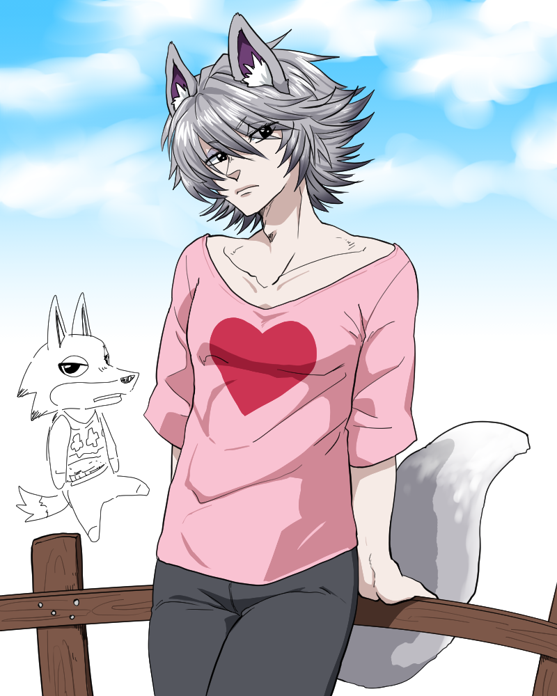 &lt;3 2017 alternate_species animal_crossing animal_humanoid anime anthro arm_support biped bottomless canine clothed clothing cloud collarbone digital_drawing_(artwork) digital_media_(artwork) dipstick_tail eyeshadow fang_(animal_crossing) fence frown girly grey_bottomwear grey_clothing grey_hair grey_tail hair half-closed_eyes half-length_portrait humanoid humanoid_hands humanoidized inner_ear_fluff japanese ktn999999999 light_skin looking_at_viewer makeup male mammal multicolored_tail multiple_images nintendo on_fence pants pink_clothing pink_topwear portrait shirt short_hair sketch sky slim snout solo standing tan_skin toony two_tone_tail video_games white_tail wolf wolf_humanoid