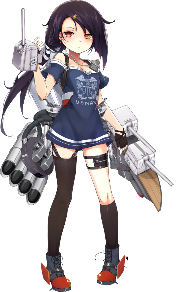 ass_visible_through_thighs azur_lane bare_shoulders black_hair black_legwear cannon cassin_(azur_lane) clothes_writing cross cross_earrings dog_tags dress earrings fingerless_gloves full_body gloves hair_ornament hairclip heterochromia jewelry kneehighs leg_garter long_hair low_ponytail official_art ootsuki_momiji orange_eyes red_eyes short_dress side_ponytail single_kneehigh single_thighhigh solo standing tachi-e thigh_strap thighhighs torpedo transparent_background