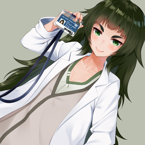 bangs black_hair blush breasts cleavage commentary_request green_eyes half-closed_eyes hiyajou_maho huyumitsu id_card labcoat lanyard long_hair long_sleeves looking_at_viewer messy_hair open_clothes small_breasts smile steins;gate steins;gate_0 thick_eyebrows upper_body very_long_hair