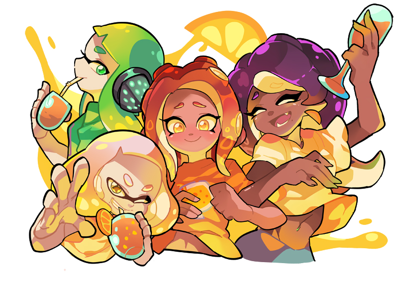 blush closed_eyes commentary cup dark_skin drinking_glass fangs food fruit green_eyes hime_(splatoon) iida_(splatoon) inkling locked_arms mole mole_under_mouth multiple_girls octoling orange orange_juice orange_slice smile splatoon_(series) splatoon_2 splatoon_2:_octo_expansion squidbeak_splatoon symbol-shaped_pupils tentacle_hair wong_ying_chee yellow_eyes