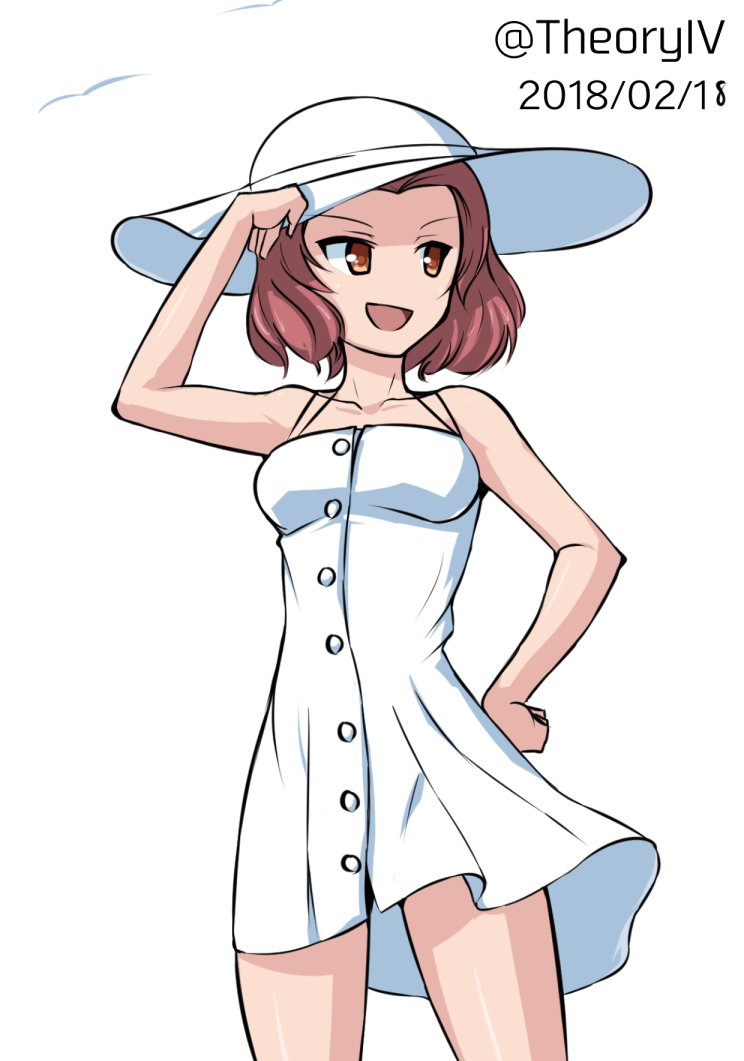 aegis_(nerocc) bird brown_eyes buttons casual commentary cowboy_shot dated dress girls_und_panzer hand_on_headwear hand_on_hip hat looking_to_the_side open_mouth red_hair rosehip seagull short_dress short_hair simple_background smile solo spaghetti_strap standing sun_hat sundress twitter_username white_background white_dress white_hat wind