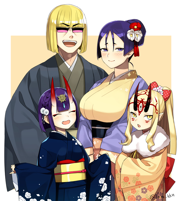 3girls blonde_hair blush breasts commentary fate/grand_order fate_(series) horns ibaraki_douji_(fate/grand_order) japanese_clothes kaikodou_kana kimono large_breasts long_hair looking_at_viewer minamoto_no_raikou_(fate/grand_order) multiple_girls oni oni_horns open_mouth purple_eyes purple_hair sakata_kintoki_(fate/grand_order) short_hair shuten_douji_(fate/grand_order) smile sunglasses very_long_hair