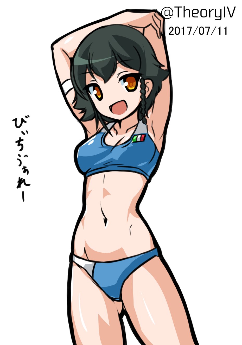 aegis_(nerocc) armpits arms_behind_head arms_up ass_visible_through_thighs bangs black_hair braid breasts brown_eyes commentary cowboy_shot dated eyebrows_visible_through_hair girls_und_panzer highres italian_flag looking_at_viewer navel open_mouth pepperoni_(girls_und_panzer) short_hair side_braid simple_background small_breasts smile solo sports_bikini sports_bra standing translated twitter_username white_background