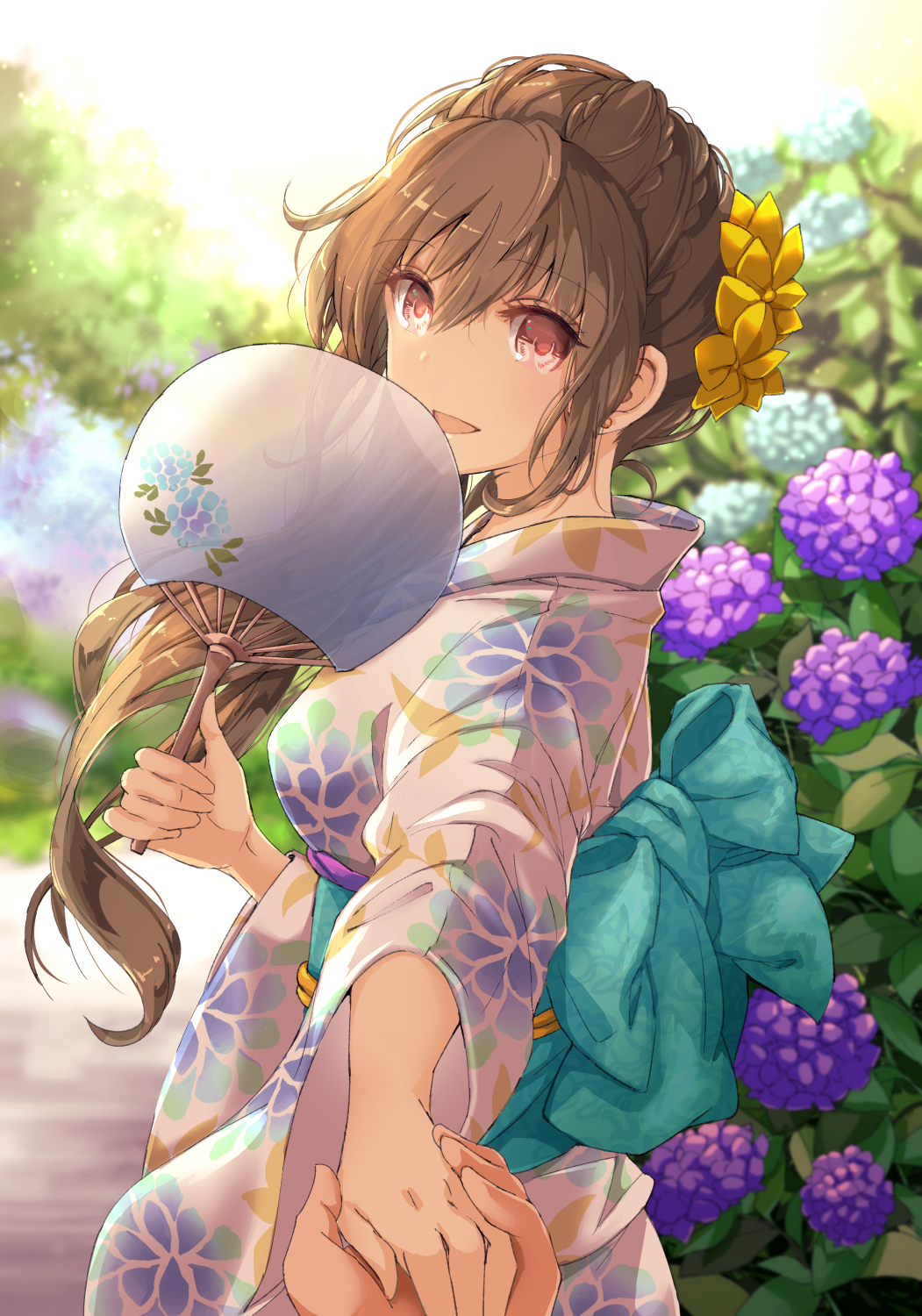 :d aqua_bow back_bow bangs blue_flower bow braid brown_eyes brown_hair commentary_request day eyebrows_visible_through_hair fan floral_print flower hair_flower hair_ornament hair_over_shoulder highres holding holding_fan holding_hands hydrangea japanese_clothes kimono long_hair obi open_mouth original outdoors paper_fan pov pov_hands purple_flower sash shintou sidelocks smile solo_focus uchiwa wide_sleeves yellow_flower