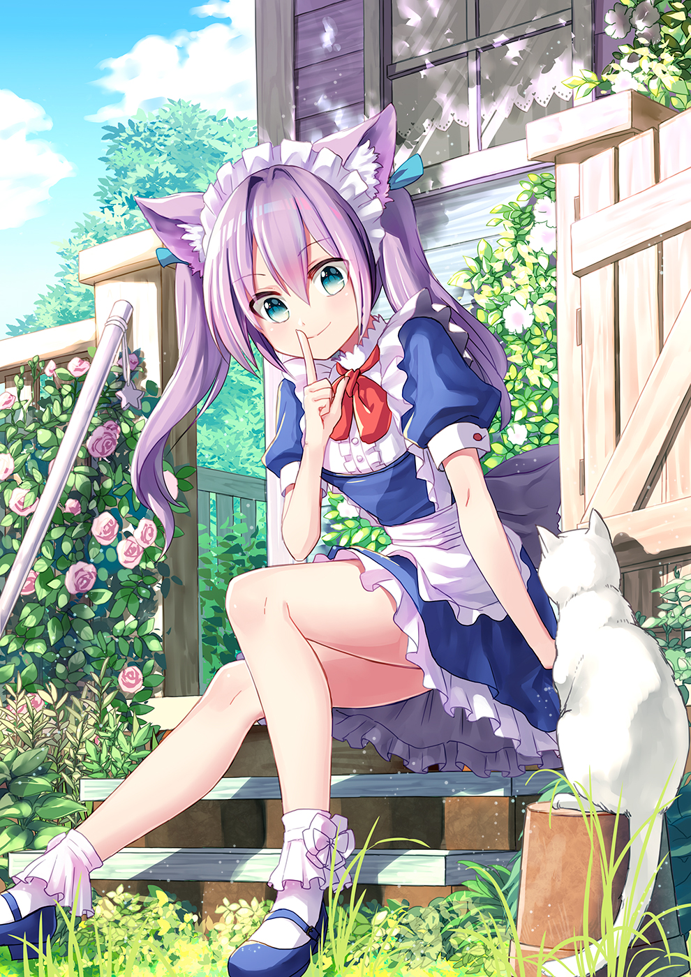 animal_ears apron bangs blue_dress blue_eyes blue_footwear bobby_socks bow bowtie cat cat_ears center_frills coconat_summer commentary_request day dress eyebrows_visible_through_hair finger_to_mouth flower flower_pot highres long_hair looking_at_animal maid maid_headdress mary_janes original outdoors pink_flower pink_rose porch purple_hair red_neckwear rose shoes short_sleeves shushing sitting socks solo stairs twintails waist_apron white_cat white_legwear window