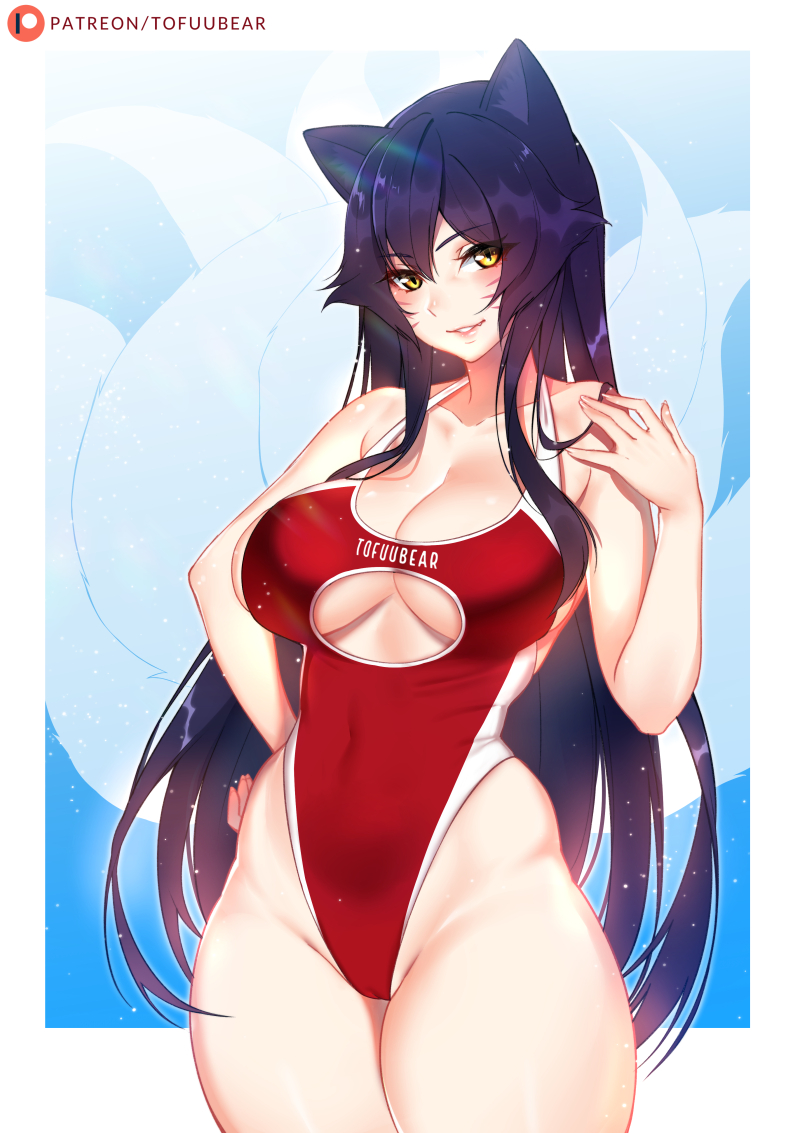 ahri artist_name bare_arms black_hair blush breasts cameltoe center_opening cleavage clothes_writing commentary_request covered_navel cowboy_shot fox_girl groin hand_on_hip highleg large_breasts league_of_legends looking_at_viewer one-piece_swimsuit red_swimsuit slit_pupils smile solo swimsuit tofuubear yellow_eyes