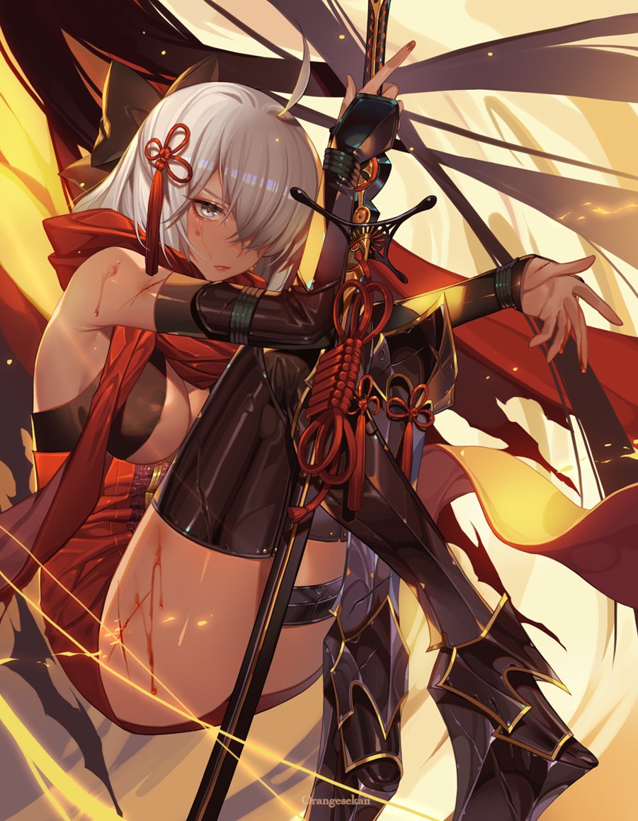 ahoge arm_guards armored_boots black_bow boots bow breasts cleavage commentary crossed_legs dark_skin fate/grand_order fate_(series) hair_between_eyes hair_bow hair_ornament hair_over_one_eye holding holding_weapon knees_to_chest knees_up large_breasts long_hair okita_souji_(alter)_(fate) okita_souji_(fate)_(all) orangesekaii red_scarf scarf silver_hair sitting solo sweat tassel tied_hair weapon yellow_eyes