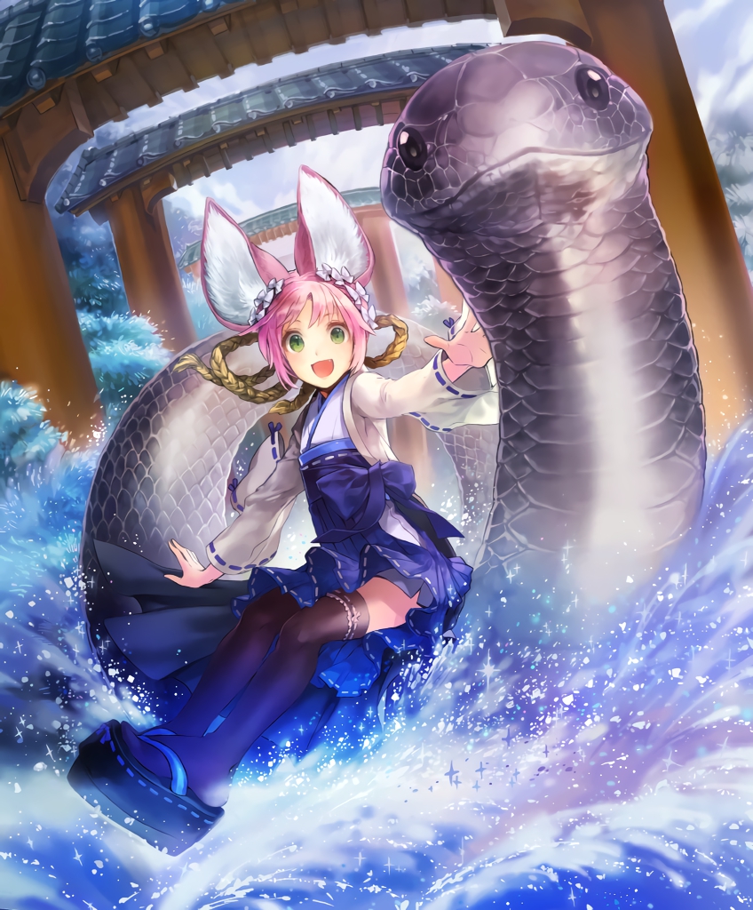 :d animal_ears artist_request cygames fang green_eyes japanese_clothes looking_at_viewer miko official_art open_mouth pink_hair ribbon riding rope scales shadowverse shimenawa smile snake tenko_(shadowverse) thighhighs torii water wide_sleeves