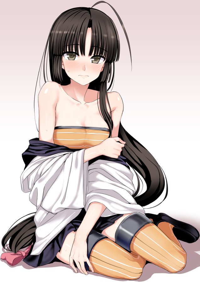 ahoge bandeau bare_shoulders black_hair black_skirt blush brown_eyes clothes_down collarbone gradient gradient_background kantai_collection kumadano long_hair looking_at_viewer low-tied_long_hair pleated_skirt shouhou_(kantai_collection) skirt solo strapless thighhighs tubetop very_long_hair white_background yellow_legwear zettai_ryouiki