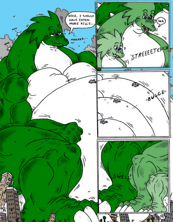 2003 anthro blue_eyes building claws comic crush dnapalmhead dragon english_text green_scales growth macro male muscular obese onomatopoeia overweight redsaber scales scalie size_difference solo sound_effects text traditional_media_(artwork)