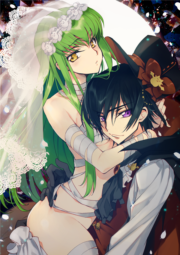 1girl bandages bangs black_hair bodysuit breasts bridal_veil c.c. cleavage closed_mouth code_geass commentary_request cosplay couple creayus eyebrows_visible_through_hair green_hair halloween hetero lace-trimmed_veil lace_trim lelouch_lamperouge long_hair looking_at_viewer medium_breasts mummy naked_bandage no_panties purple_eyes short_hair simple_background smile straddling veil white_bodysuit yellow_eyes