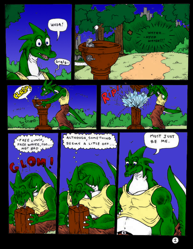 2003 anthro blue_eyes claws clothing comic dnapalmhead dragon english_text green_scales growth male onomatopoeia redsaber scales scalie solo sound_effects surprise teeth text traditional_media_(artwork)