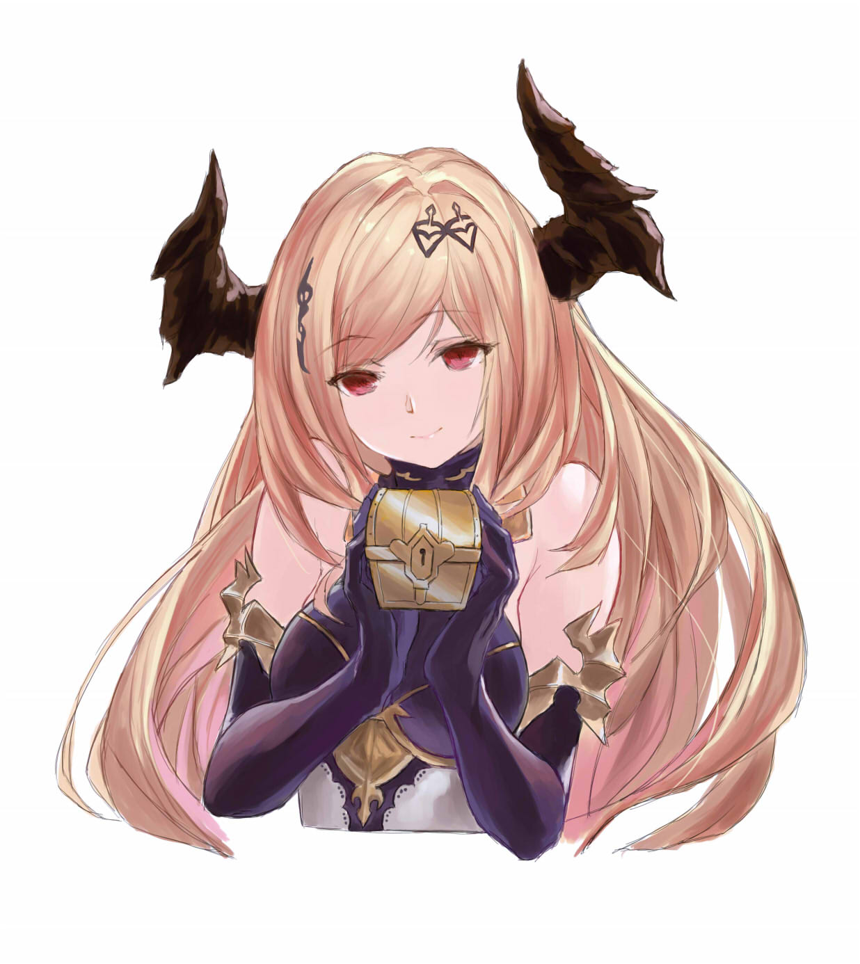 1girl black_gloves blonde_hair box breasts closed_mouth dark_angel_olivia eyebrows_visible_through_hair gloves granblue_fantasy hair_ornament highres holding holding_box horns long_hair looking_at_viewer medium_breasts red_eyes shadowverse shingeki_no_bahamut shou_xun_bu_liang simple_background smile solo upper_body very_long_hair white_background