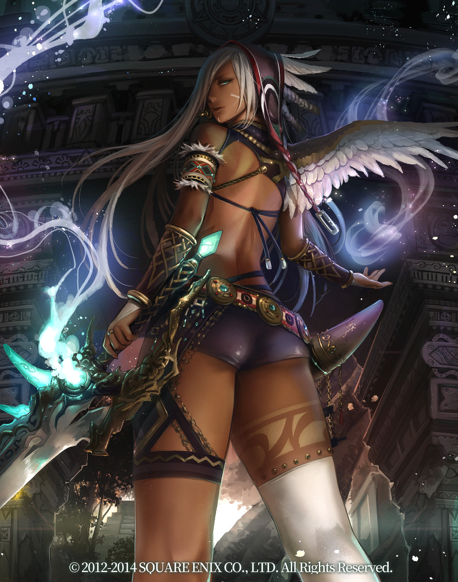 arch ass dark_skin glowing glowing_weapon guardian_cross hair_over_one_eye headdress highres holding holding_weapon long_hair looking_back magic official_art outdoors standing very_long_hair watermark weapon white_hair white_legwear yamada_rokkaku