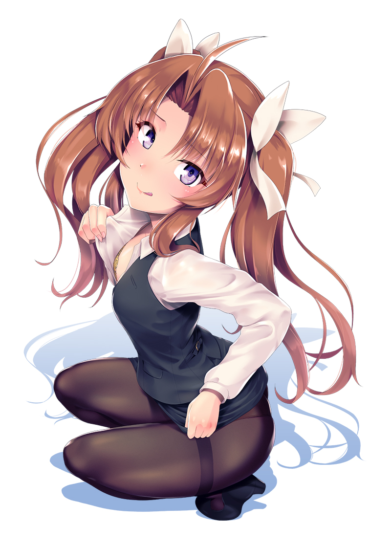8000 :q ahoge alternate_costume ass black_footwear black_legwear black_skirt black_vest blush bra bra_peek breasts brown_hair collared_shirt commentary_request eyebrows_visible_through_hair from_above hair_ribbon head_tilt high_heels kagerou_(kantai_collection) kantai_collection long_hair long_sleeves looking_at_viewer medium_breasts nail_polish office_lady pantyhose pink_nails purple_eyes remodel_(kantai_collection) ribbon shirt shirt_tug sidelocks simple_background skirt skirt_tug smile solo squatting thighband_pantyhose thighs tongue tongue_out twintails underwear vest white_background white_ribbon white_shirt yellow_bra